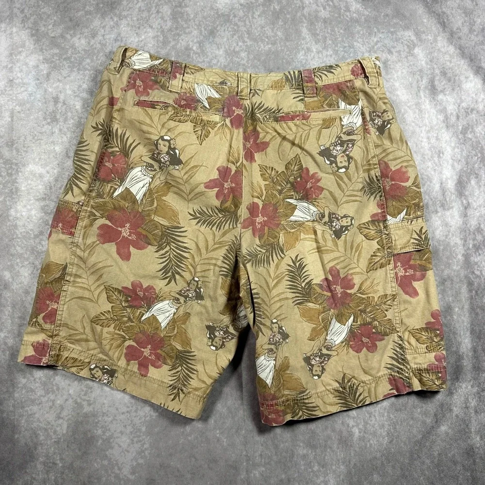 Island Shores Mens 38 Cargo Shorts Tan Tropical Hula Girl Hibiscus Cotton Floral